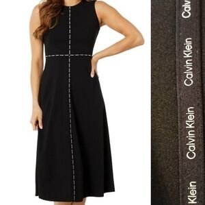 Calvin Klien Logo Stripe Crepe Fit & Flare Black Dress NWT